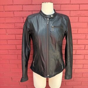 Harley Davidson Womens Small Black‎ Leather Rhinestone Jacket Moto Biker